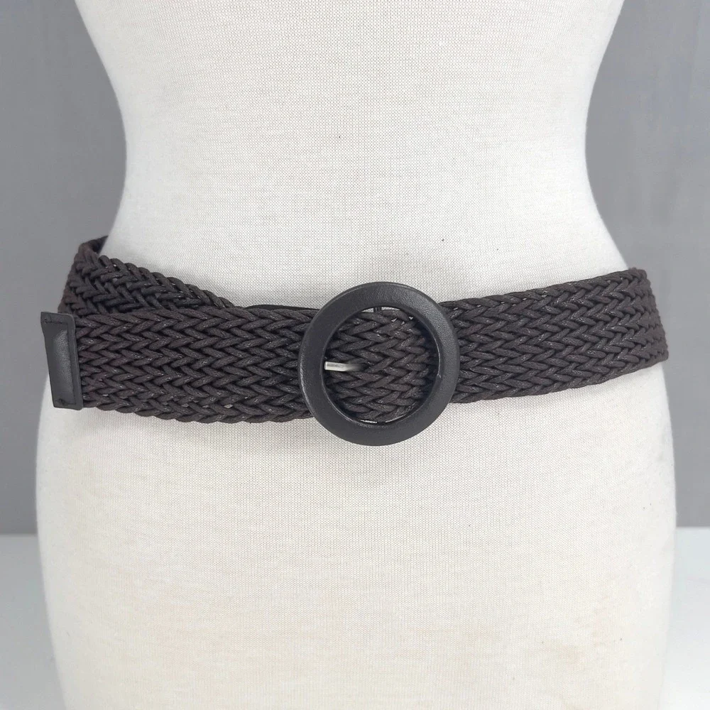 Womens‎ Woven Braided Belt Waxed Cord Brown Round Buckle Wide Waist 38in L